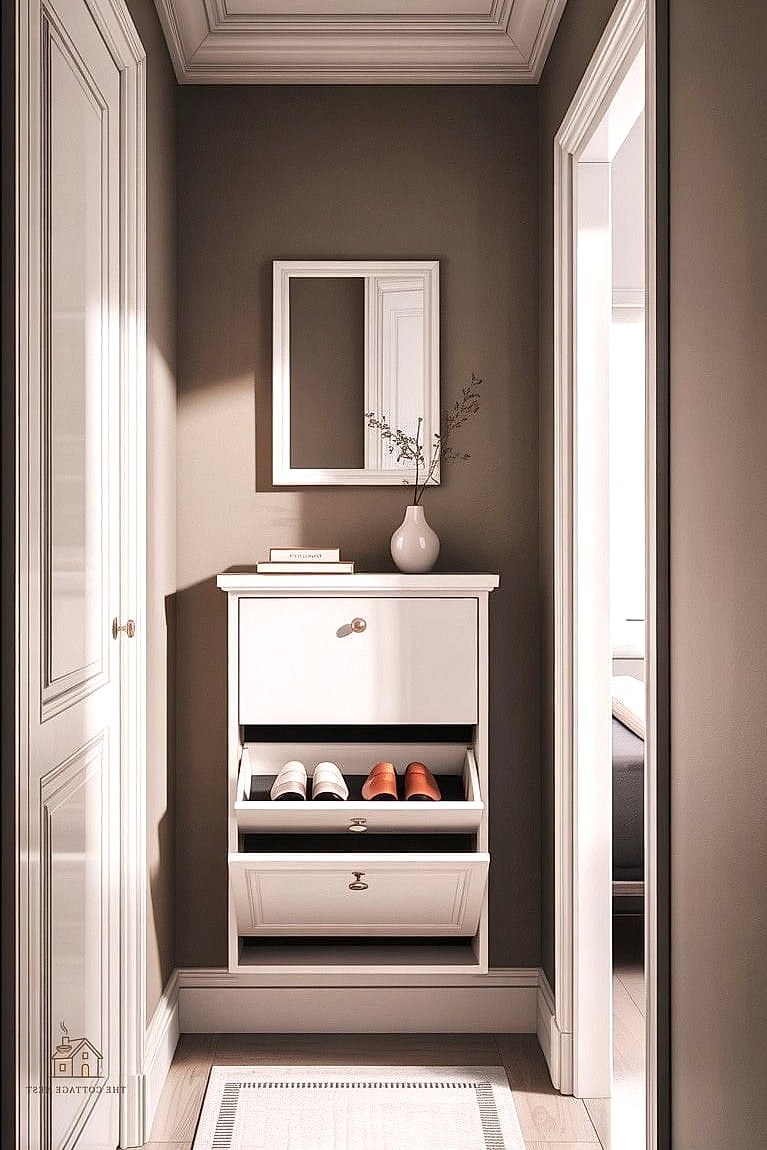 35 Chic Bedroom Storage Ideas for a Beautiful Home 33 A Slim Shoe Cabinet Near the Closet