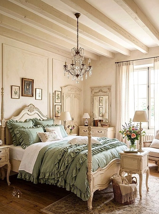 24 Dreamy Country Bedroom Ideas to Try This Season 22 Soft Sage and Cream Palette