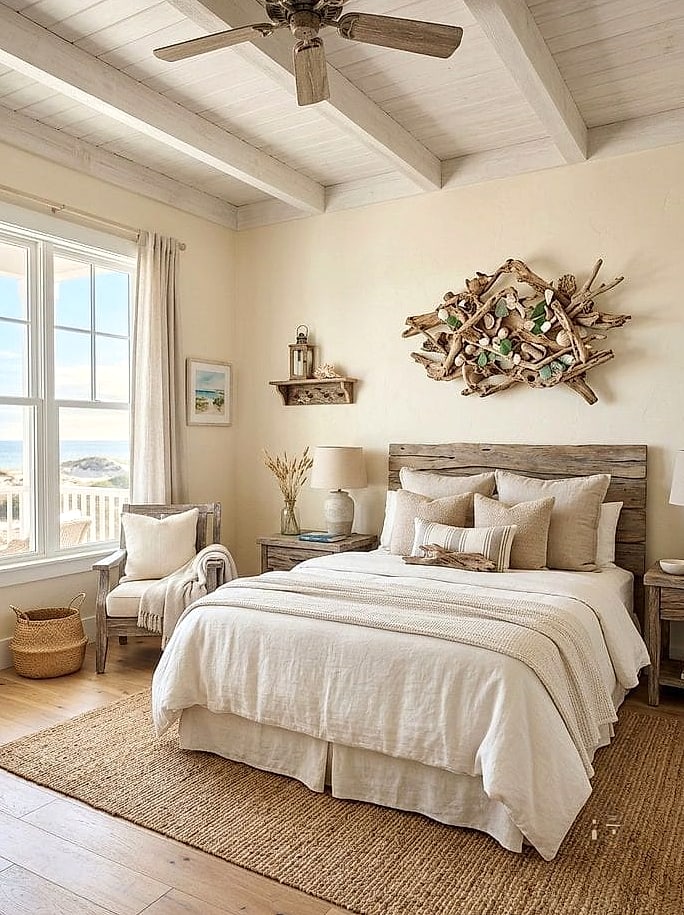 35 Gorgeous Coastal Bedroom Ideas That Are Totally Doable 2 Start With a Driftwood Headboard