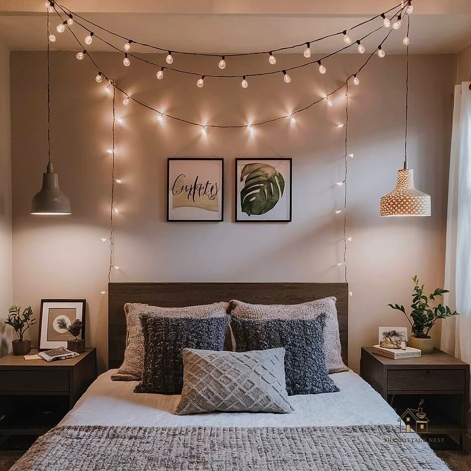 25 Creative Apartment Bedroom Decor Ideas On A Budget That Will Inspire You 3 String Lights for Layered Ambiance