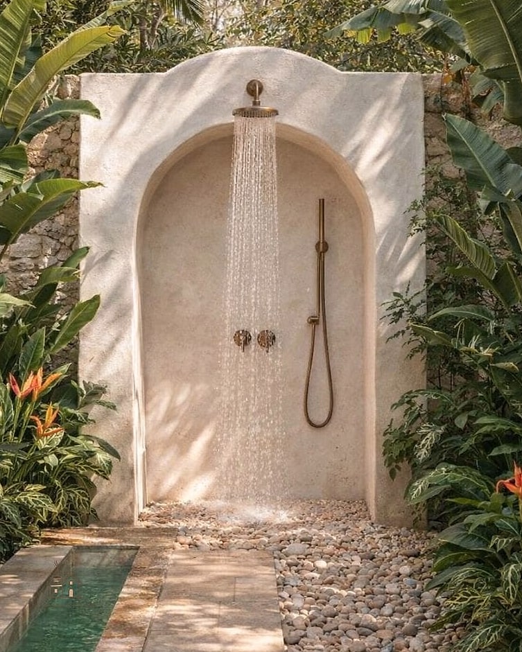 25 Stunning Outdoor Shower Ideas You'll Absolutely Love 11 Stucco Wall with Terracotta Accents