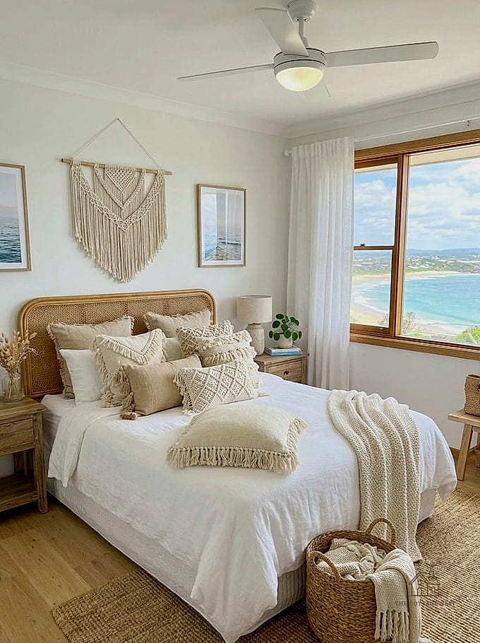 35 Gorgeous Coastal Bedroom Ideas That Are Totally Doable 20 Style the Bed With Layered Pillows in Neutral Tones