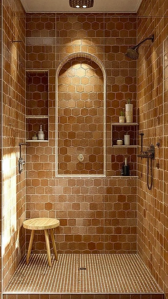 30 Cozy Shower Tile Ideas Worth Pinning 8 Terracotta Tile for Earthy Warmth