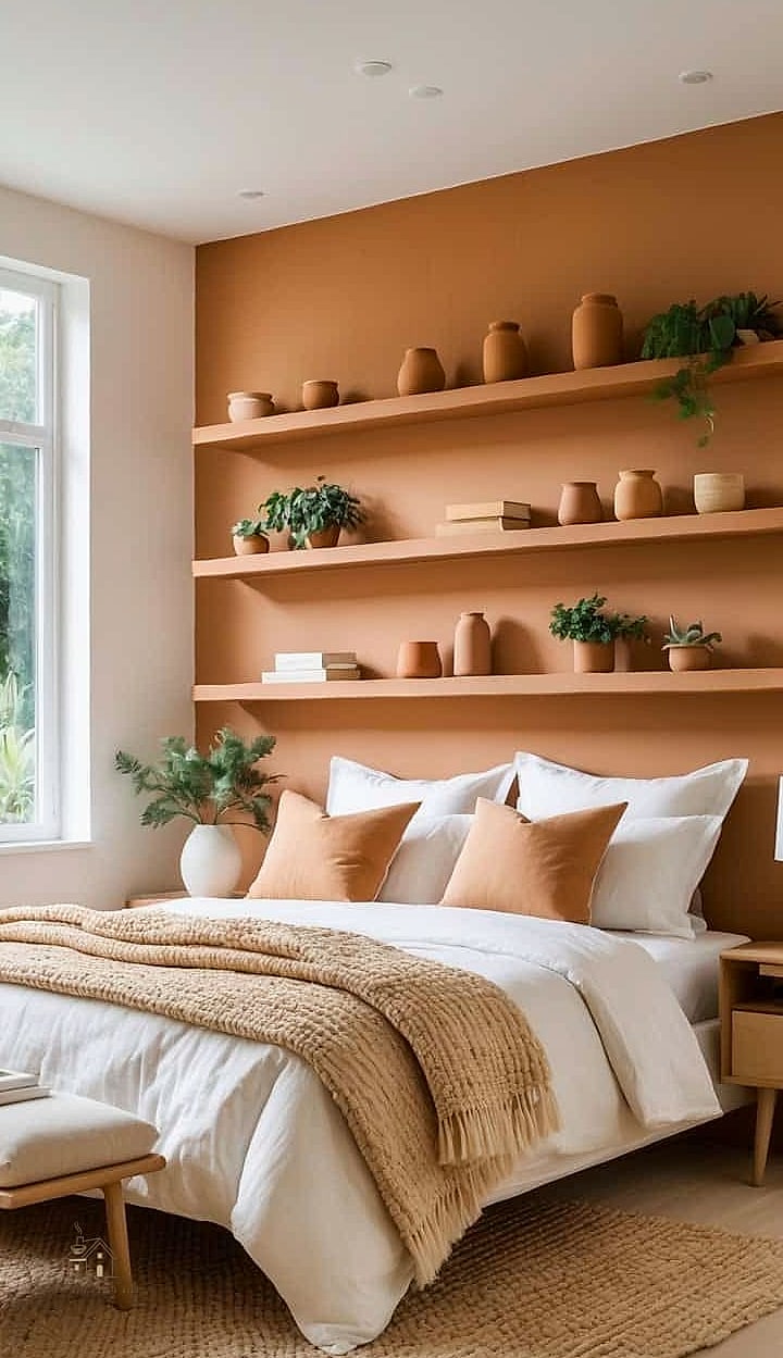 30 Amazing Shelf Over Bed Ideas on a Budget 24 Terracotta and Wood Shelf Styling