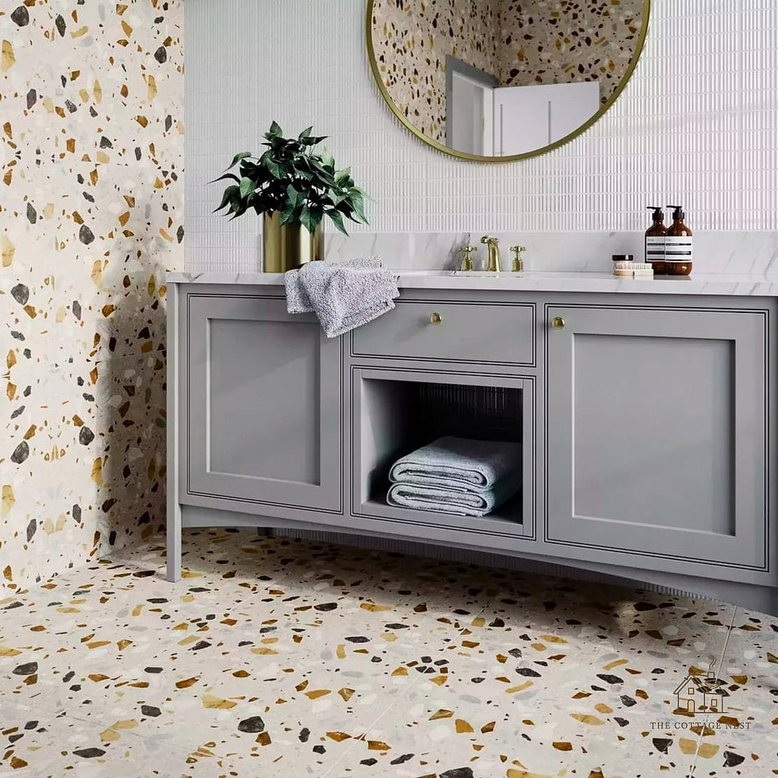 25 Dreamy Pony Wall Shower Ideas to Try This Season 16 Terrazzo Tile Pony Wall