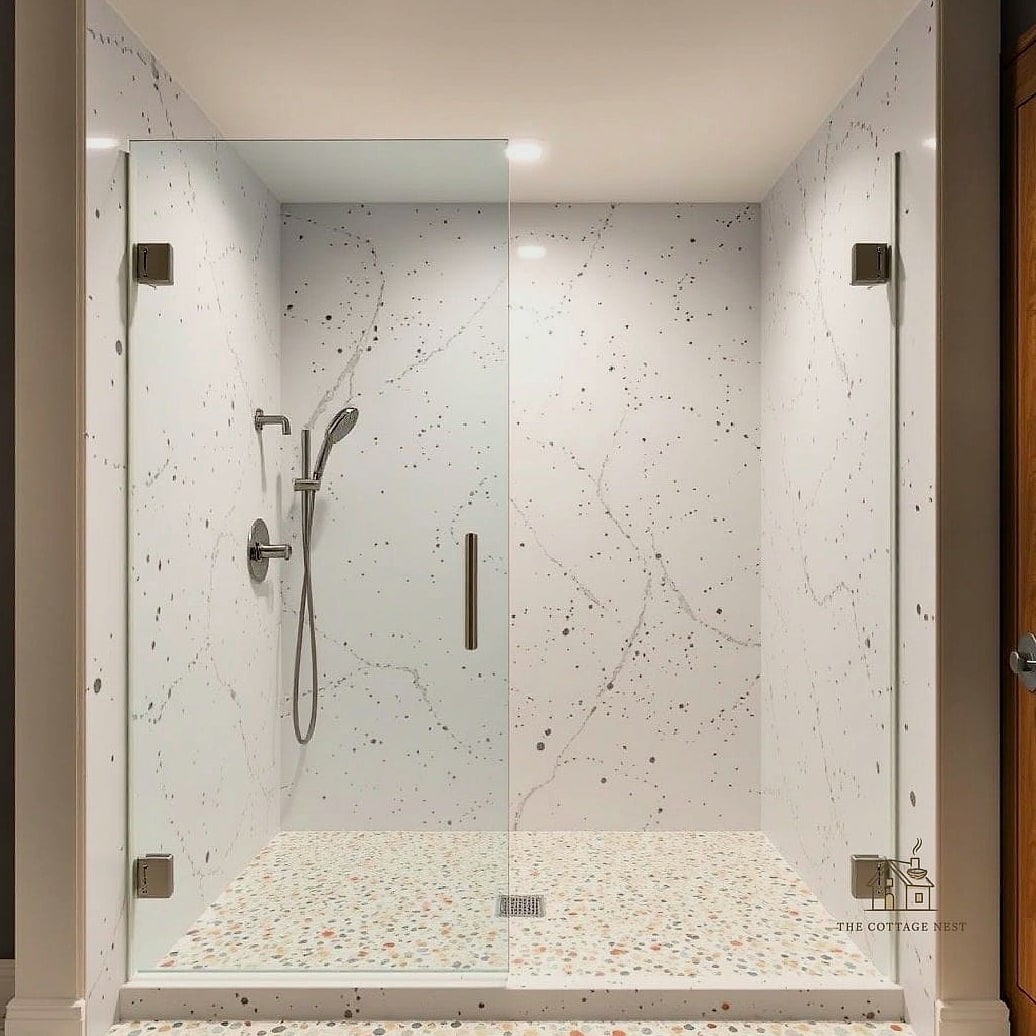 30 Dreamy Walk In Shower With Half Wall to Try This Season 28 Terrazzo Tile Half Wall
