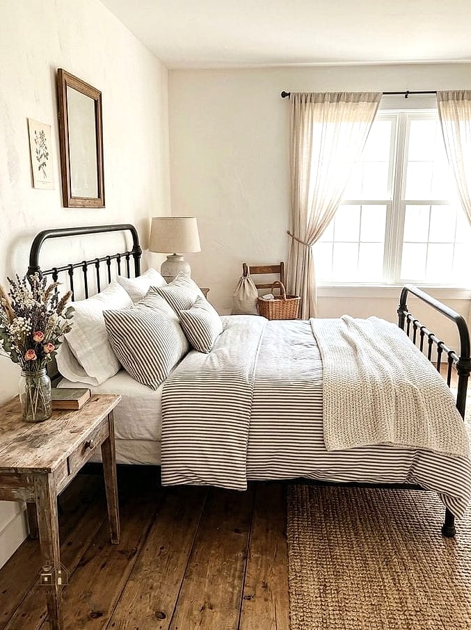24 Dreamy Country Bedroom Ideas to Try This Season 3 Ticking Stripe Bedding