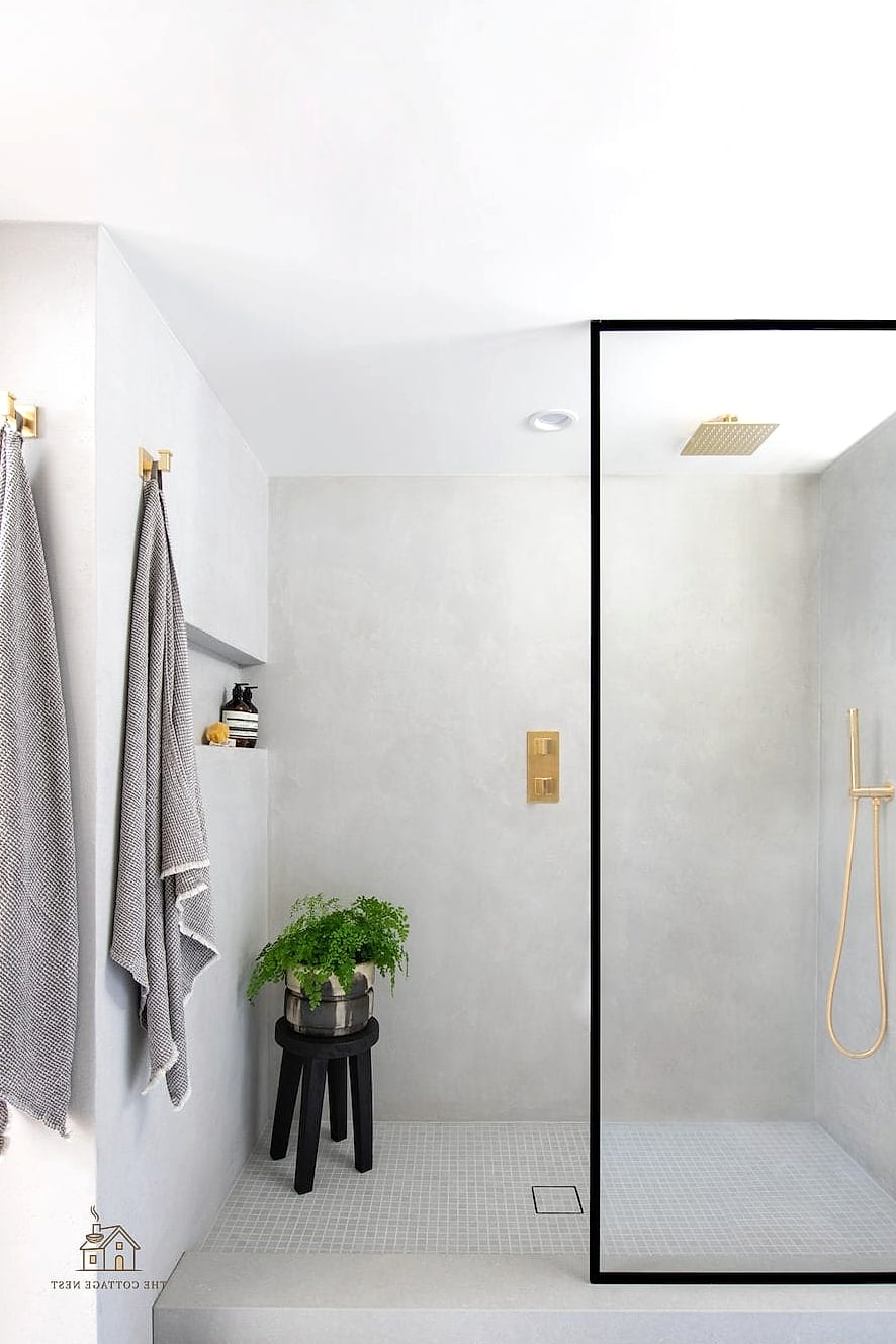 30 Dreamy Walk In Shower With Half Wall to Try This Season 12 Two-Tone Half Wall with Wainscoting Below