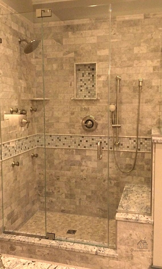 30 Dreamy Walk In Shower With Half Wall to Try This Season 30 Two-Tone Tile Split at the Half Wall Line