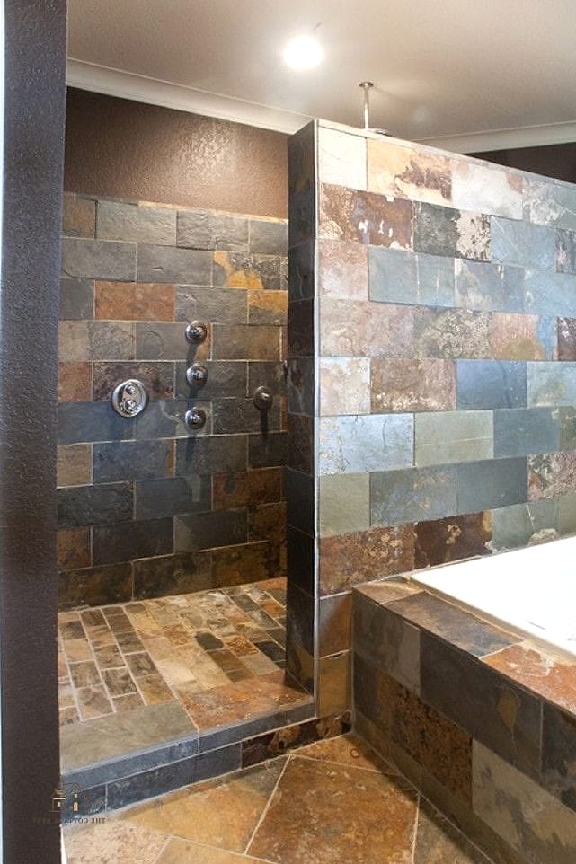 26 Gorgeous Stone Shower Ideas That Are Totally Doable 24 Two-Tone Stone Combination
