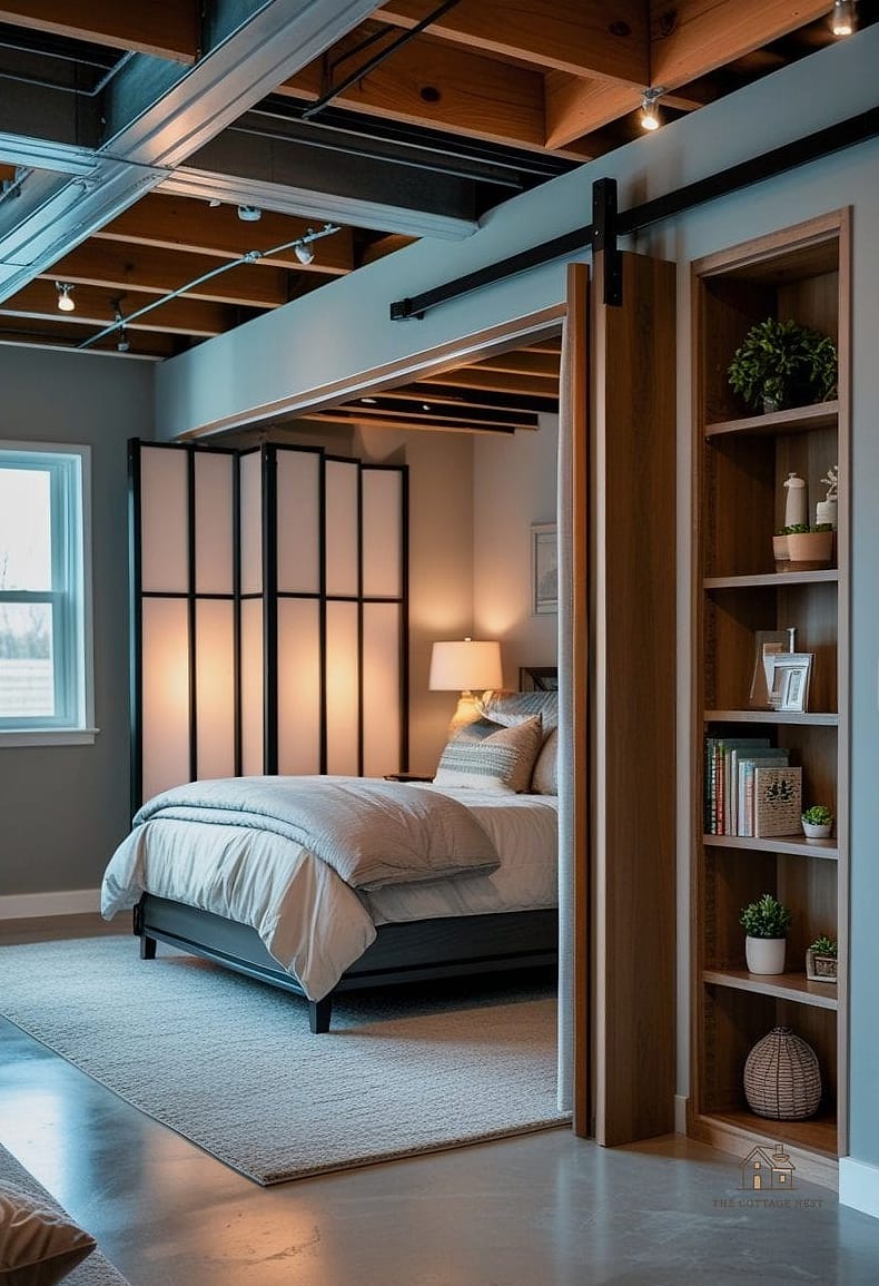 30 Amazing Basement Bedroom Ideas on a Budget 17 Use a Room Divider to Separate a Basement Bedroom From an Open Space