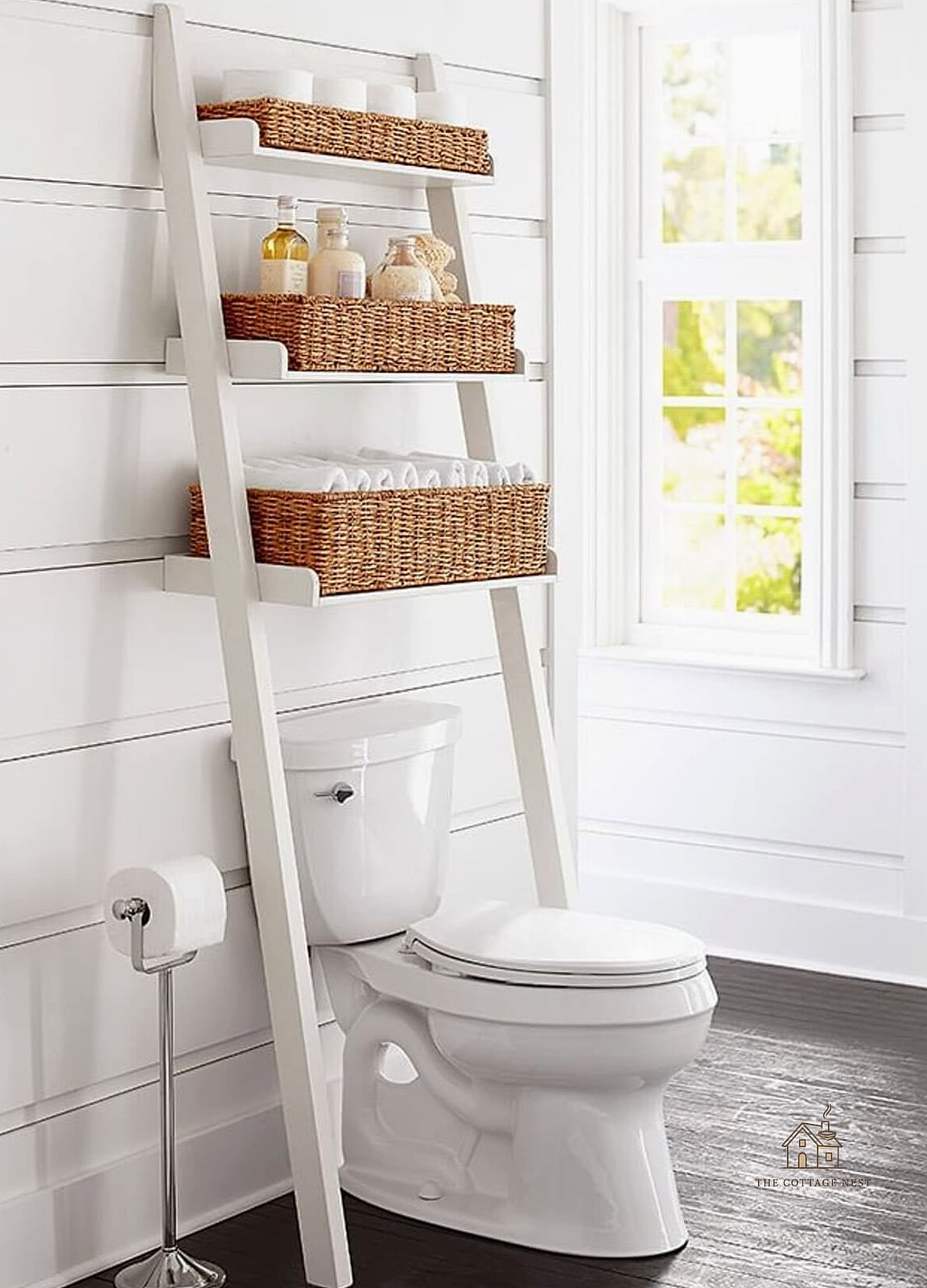 25 Creative Over The Toilet Storage Ideas That Will Inspire You 15 Vertical Ladder with Hanging Hooks