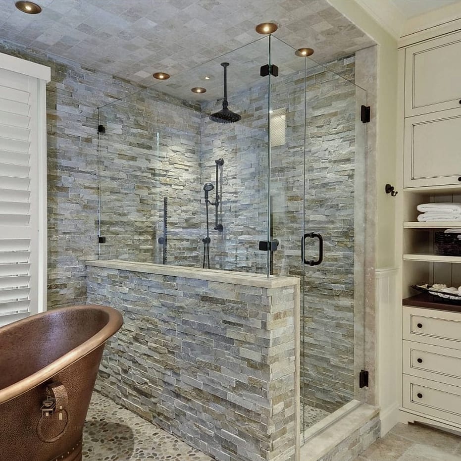 26 Gorgeous Stone Shower Ideas That Are Totally Doable 10 Vertical Stacked Stone Slabs