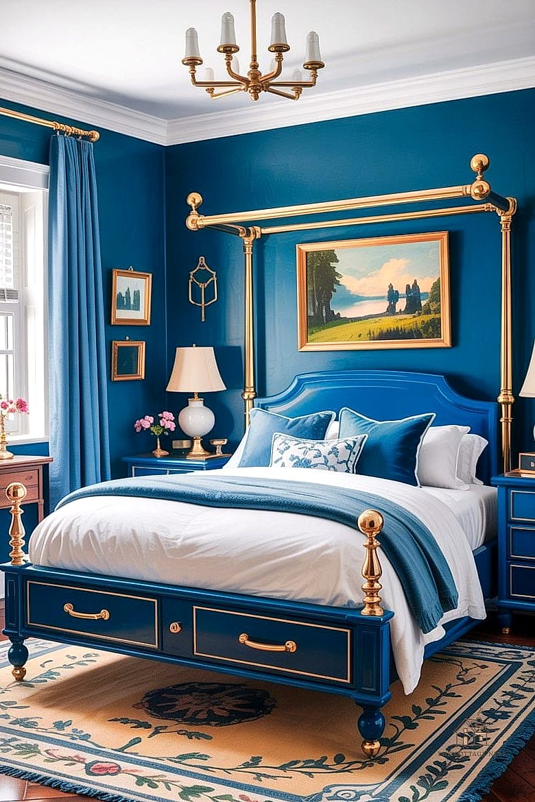 35 Gorgeous Blue Bedroom Ideas That Are Totally Doable 32 Vintage Blue and Brass Eclectic Bedroom