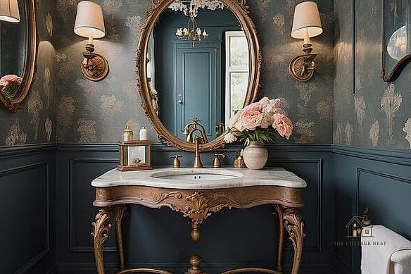 30 Clever Powder Room Ideas for Every Style 8 Vintage Mirror as the Focal Point