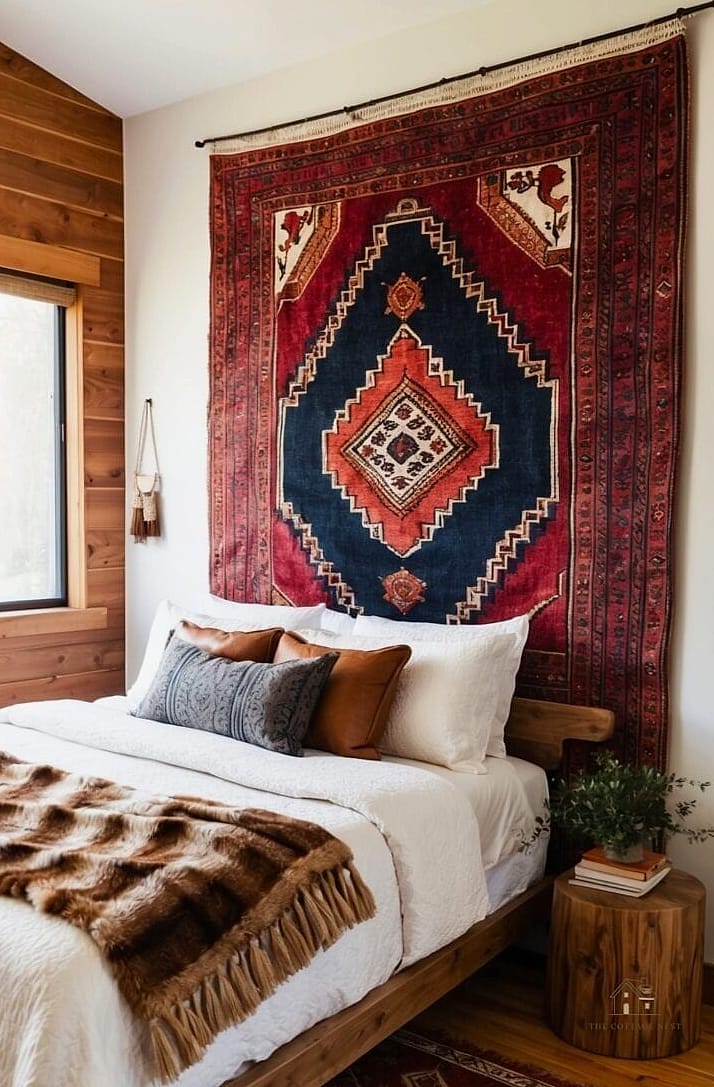 23 Creative Bedroom Wall Decor Above Bed That Will Inspire You 16 Vintage Rug Hung as Wall Art