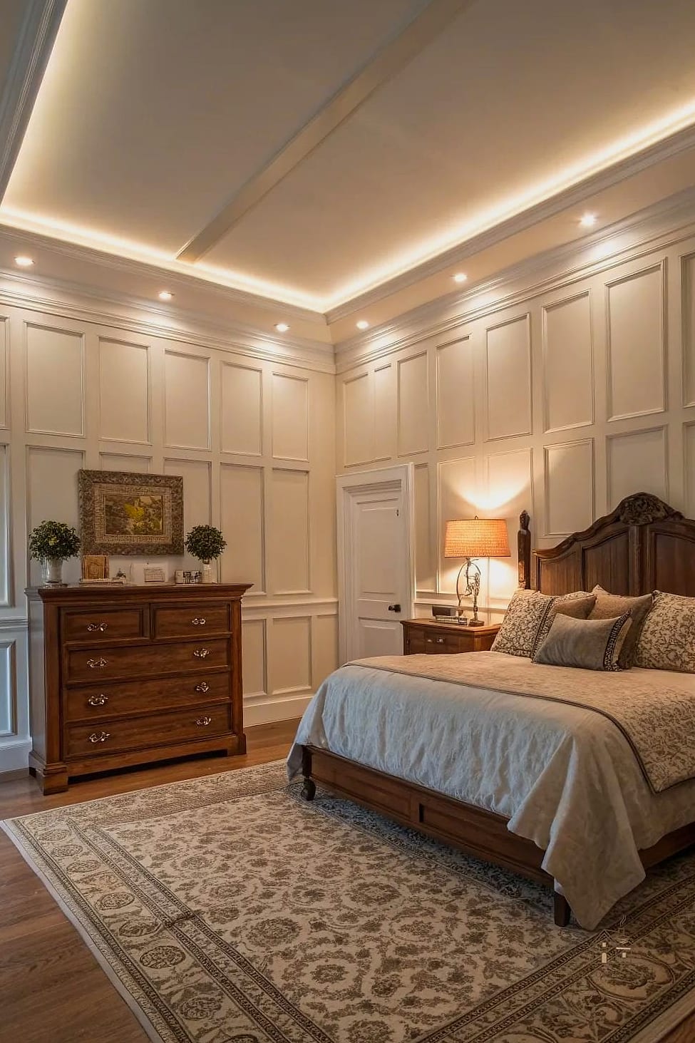 20 Cozy Bedroom Wainscoting Ideas Worth Pinning 19 Wainscoting with Layered Lighting