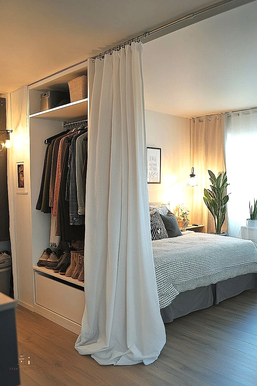 30 Dreamy Walk In Wardrobe Behind Bed to Try This Season 29 Wardrobe Divider With Sliding Mirrored and Glass Combo
