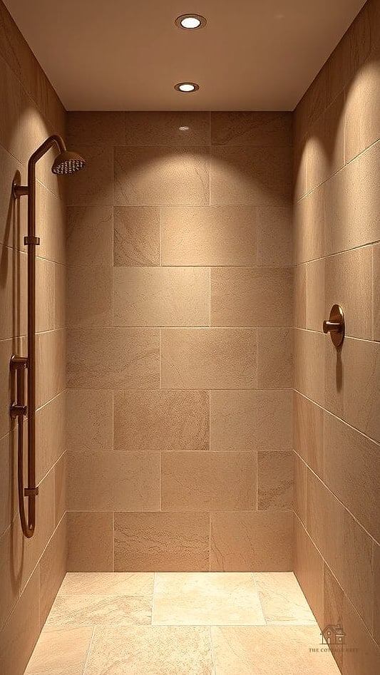 26 Gorgeous Stone Shower Ideas That Are Totally Doable 18 Warm Beige Travertine with Wood Accents