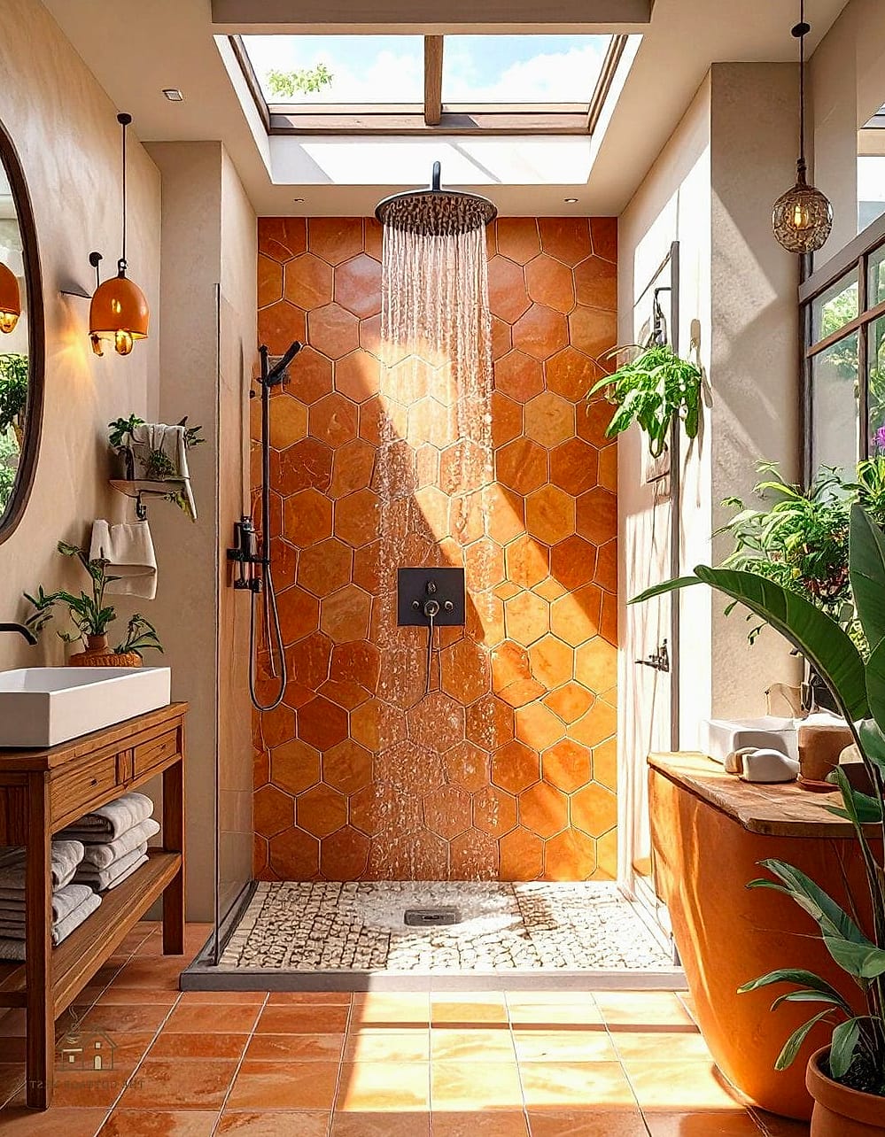 30 Cozy Shower Tile Ideas Worth Pinning 24 Warm Clay-Colored Zellige Accent Niche