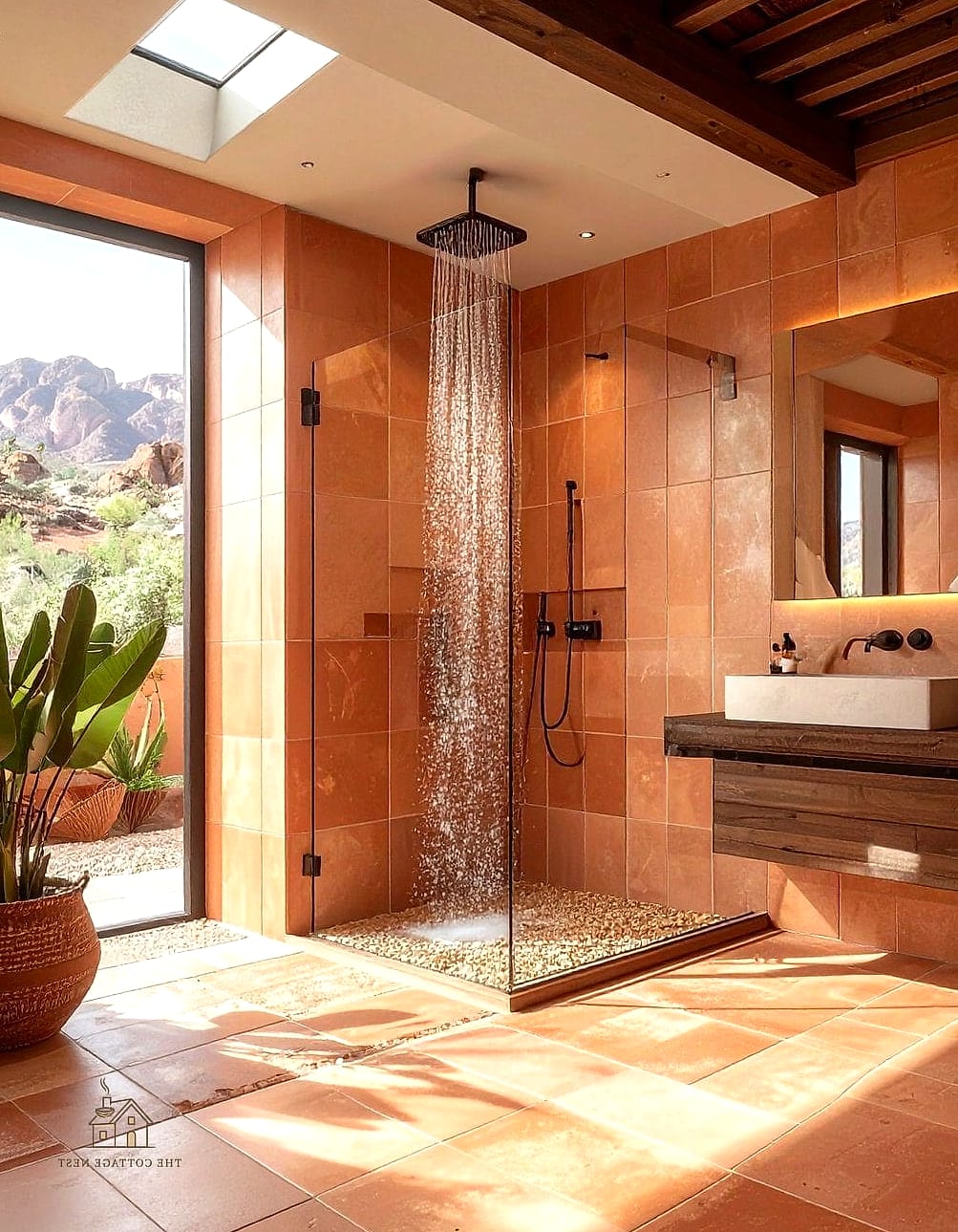 30 Amazing Small Walk In Shower Ideas No Doors on a Budget 14 Warm Terracotta Tile Floor