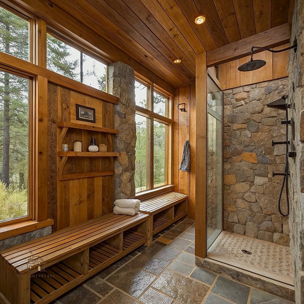 40 Cozy Walk In Shower With Wall No Door Worth Pinning 20 Warm Wood Vanity Paired with Stone Shower Walls