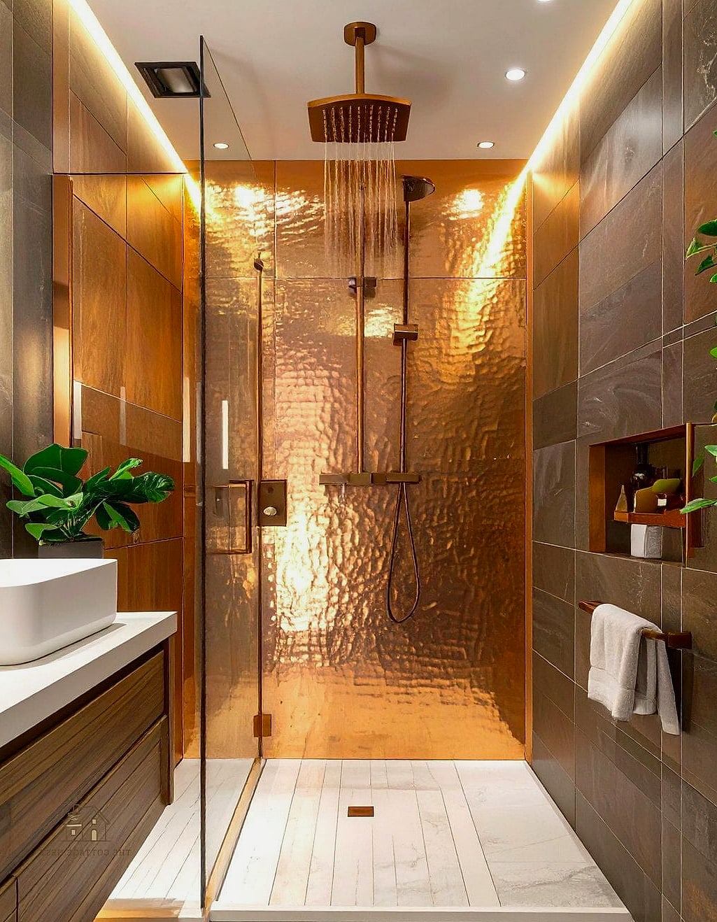 30 Dreamy Walk In Shower With Half Wall to Try This Season 19 Warm Wood-Look Tile Half Wall