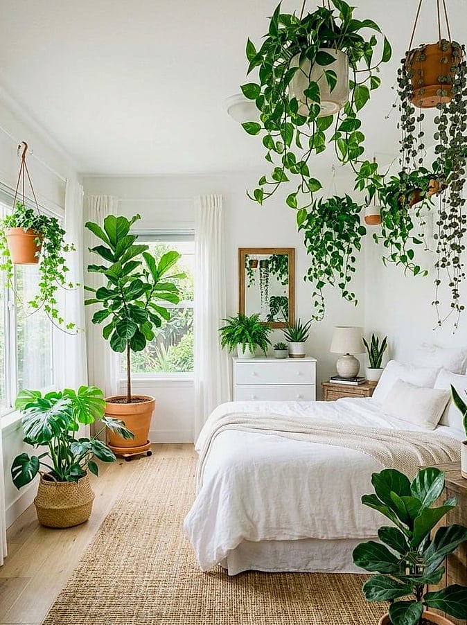 White Bedroom with Greenery