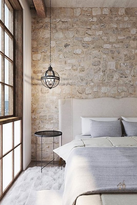 White Bedroom with Natural Stone Accents