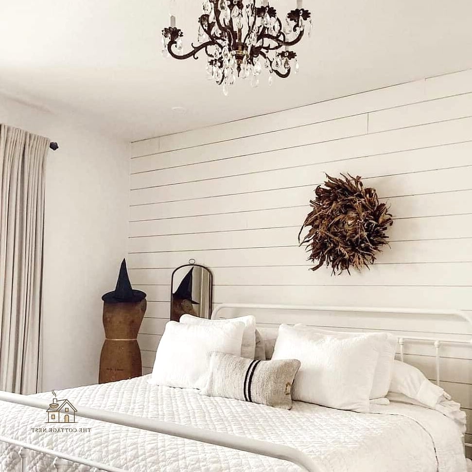 25 Chic Cream And White Bedroom for a Beautiful Home 3 White Shiplap Accent Wall with Cream Furniture