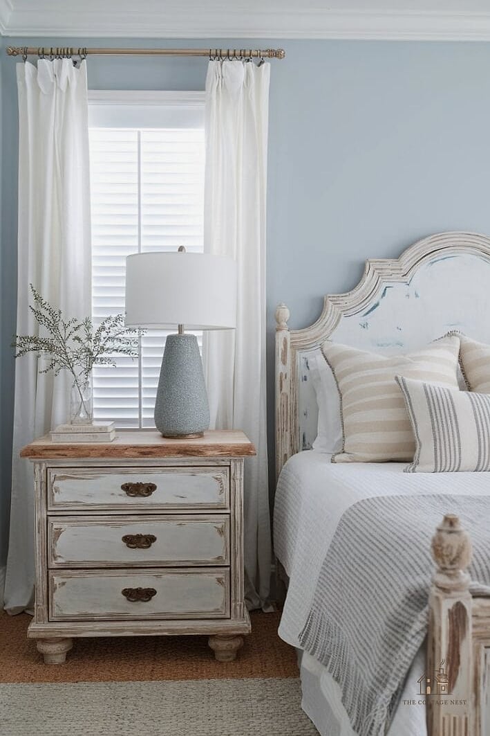 Whitewashed Wood Furniture with Blue Textiles