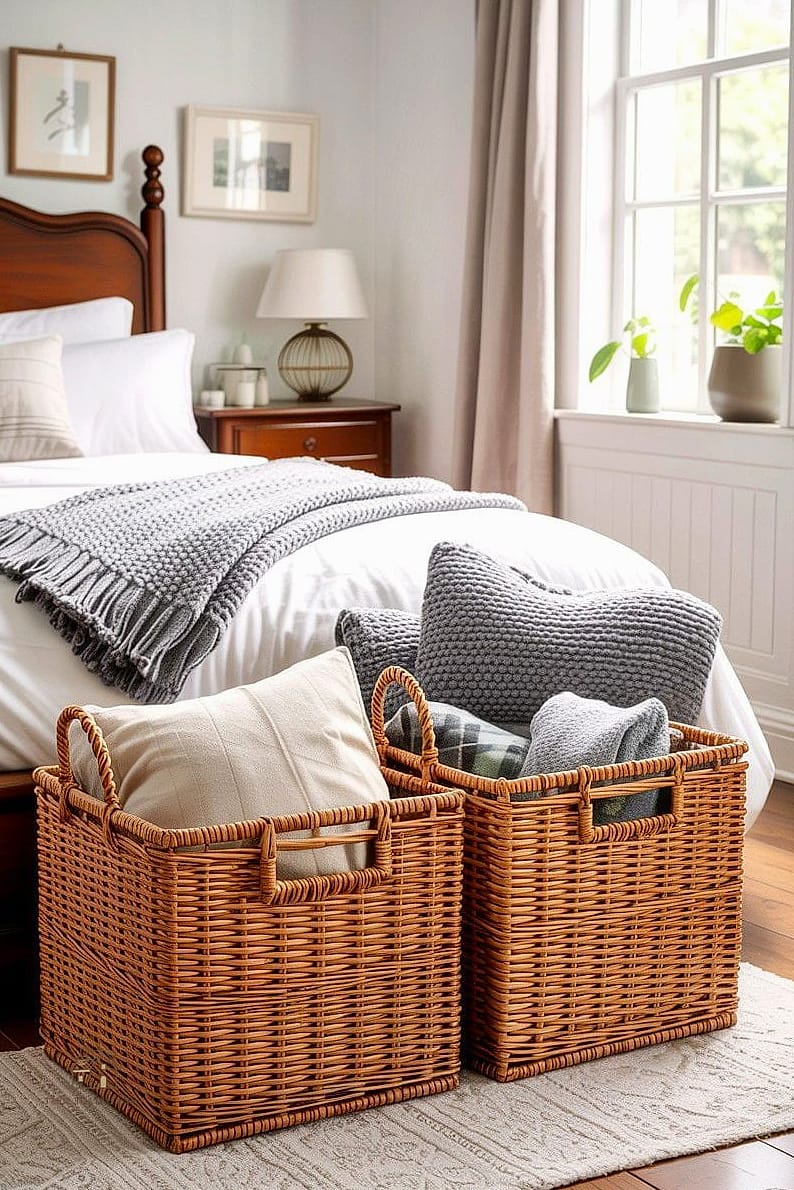 24 Dreamy Country Bedroom Ideas to Try This Season 21 Wicker Storage Baskets