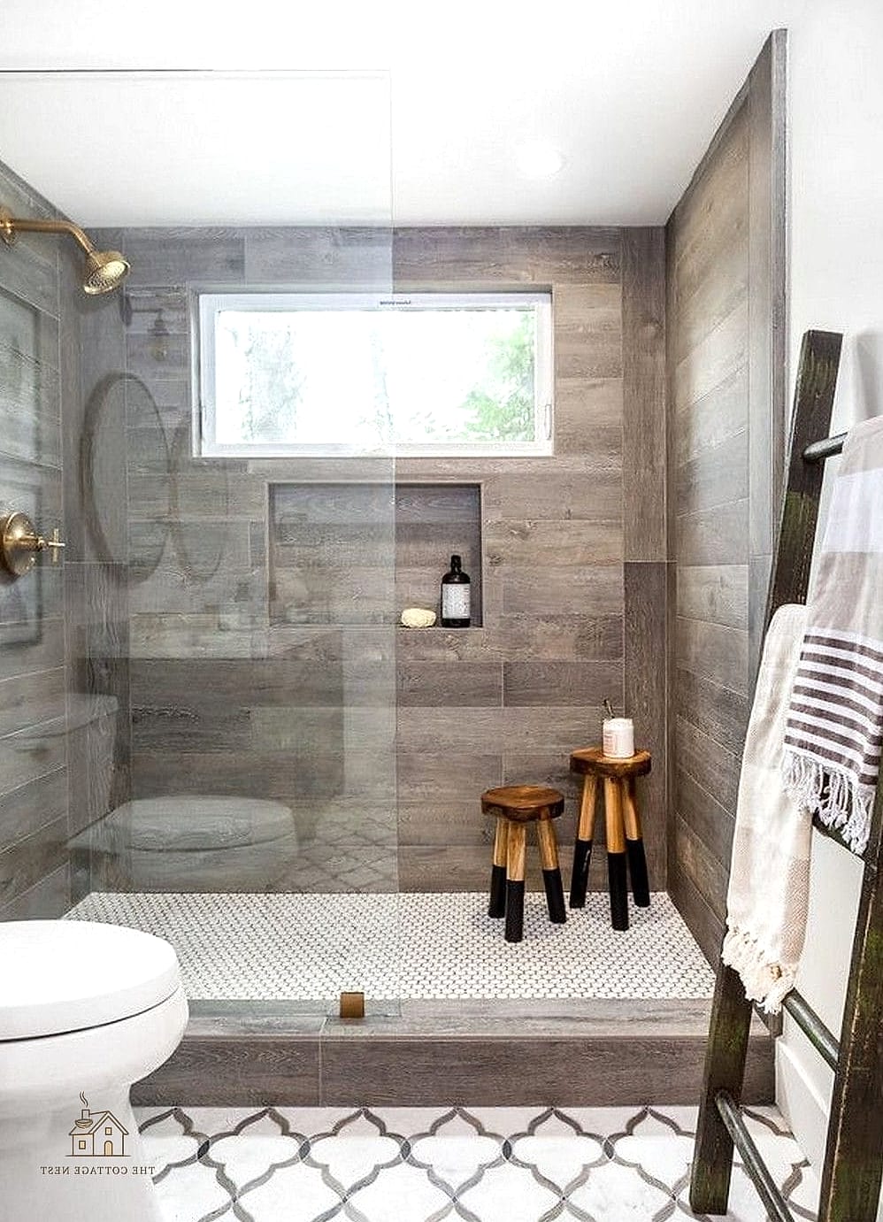 Wood-Look Tile Shower with Soaking Tub