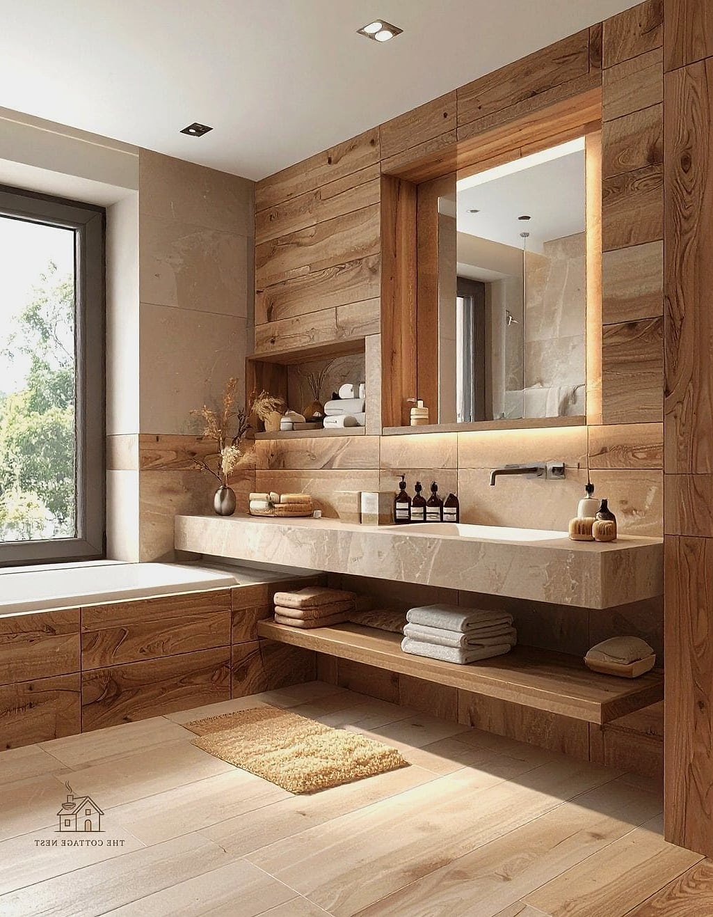 21 Clever Wood Tile Shower Ideas for Every Style 8 Wood Tile Niche with Contrasting Border