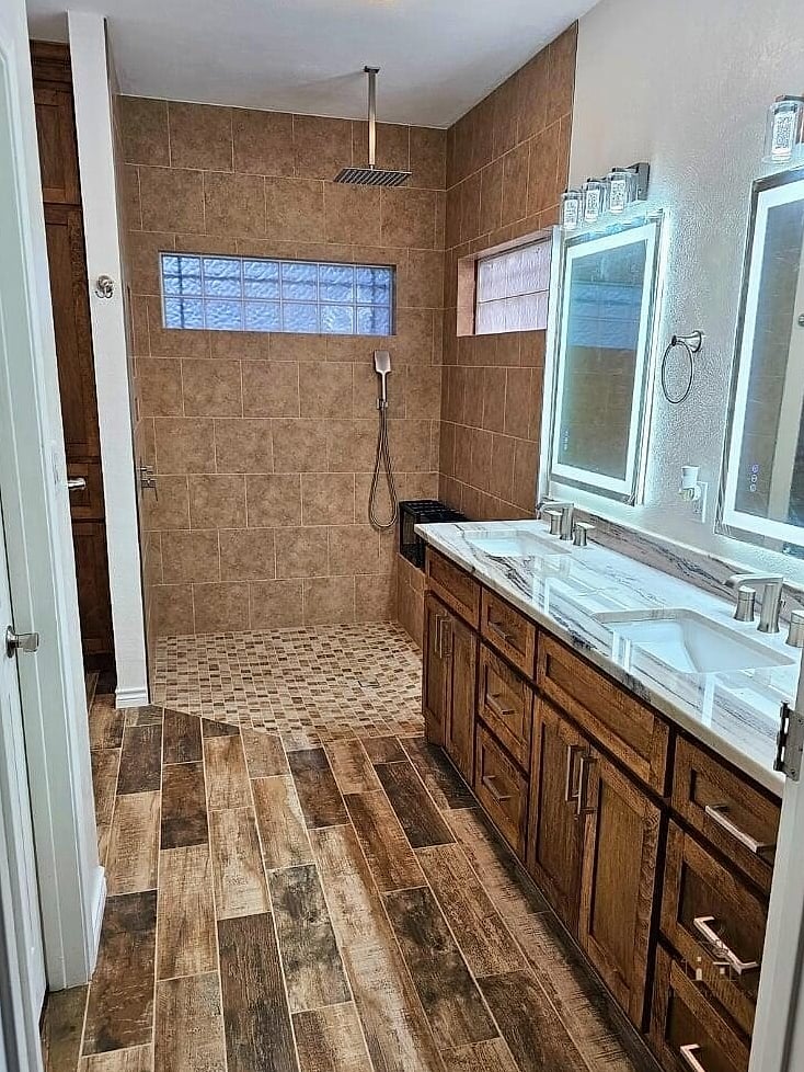 21 Clever Wood Tile Shower Ideas for Every Style 12 Wood Tile in a Curbless Walk-In Shower