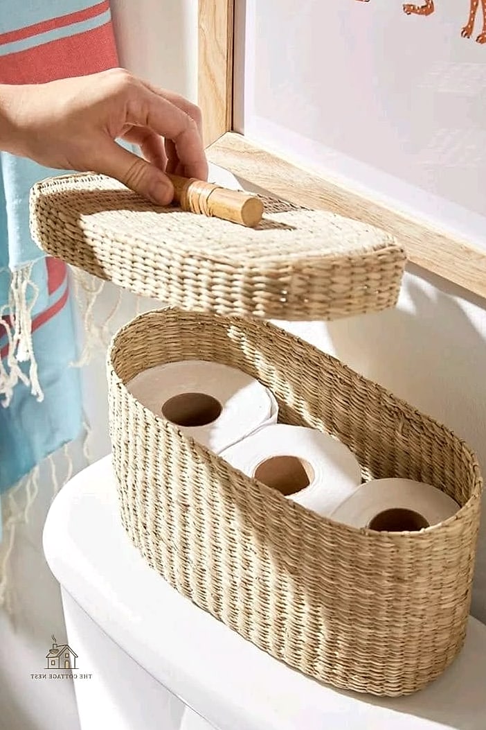 35 Chic Back Of Toilet Decor Ideas for a Beautiful Home 4 Woven Basket Stack