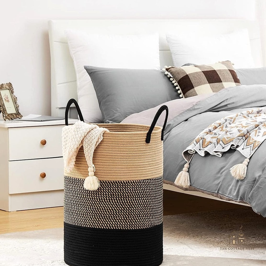 35 Chic Bedroom Storage Ideas for a Beautiful Home 37 A Woven Hamper That Doubles as Decor