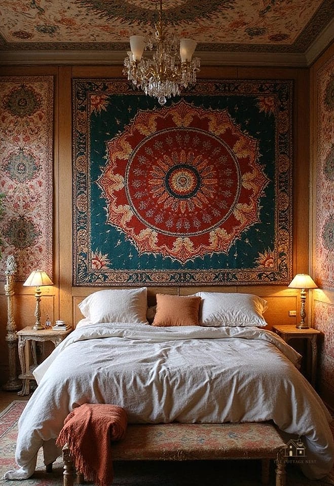 35 Chic Bedroom Feature Wall Ideas for a Beautiful Home 29 Woven Tapestry as a Statement Piece