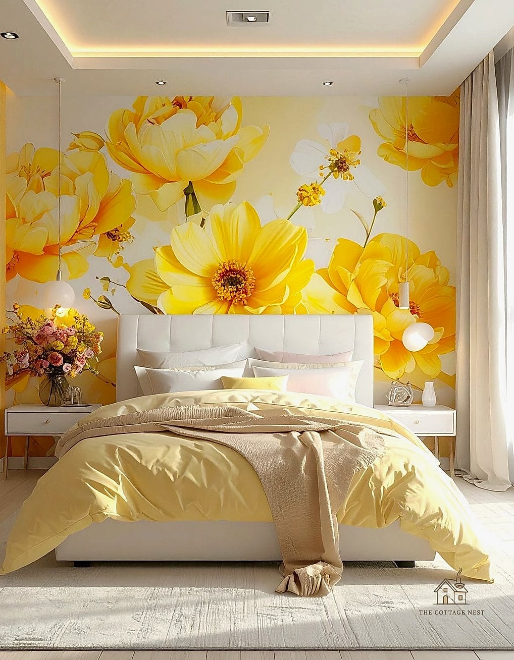 26 Beautiful Yellow Bedroom Ideas to Transform Your Space 9 Yellow Floral Wallpaper
