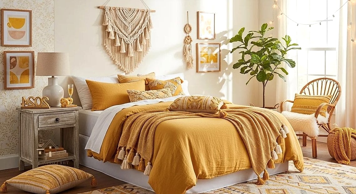 26 Beautiful Yellow Bedroom Ideas to Transform Your Space 26 Yellow Macrame and Woven Textures