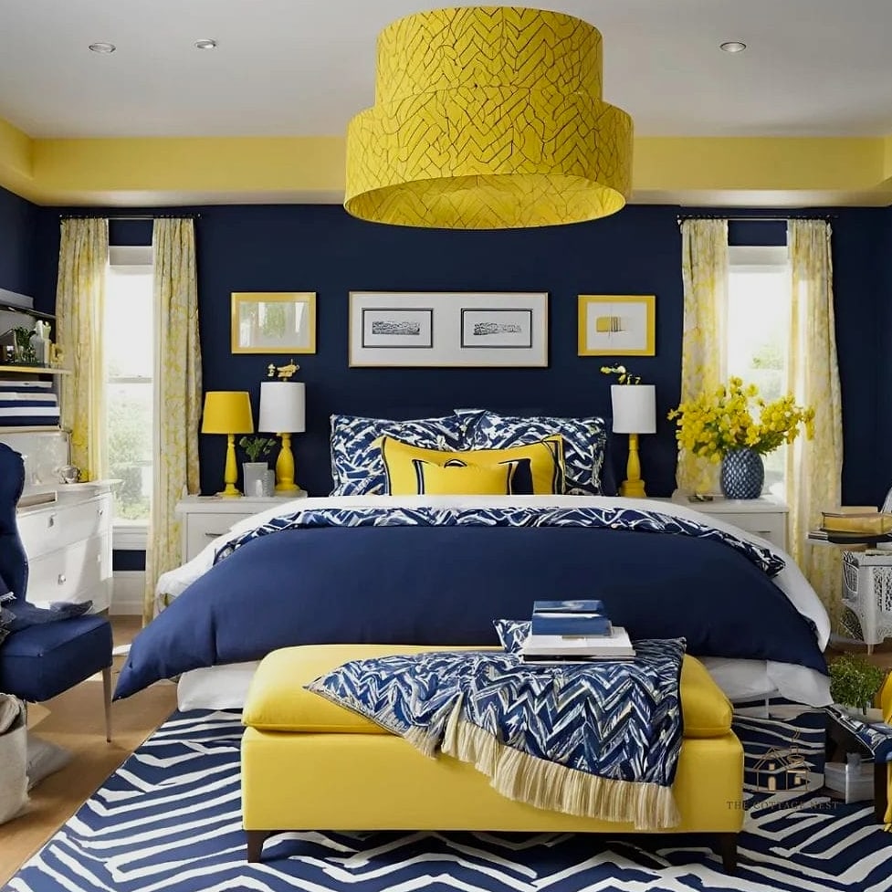 26 Beautiful Yellow Bedroom Ideas to Transform Your Space 4 Yellow and Navy Color Scheme
