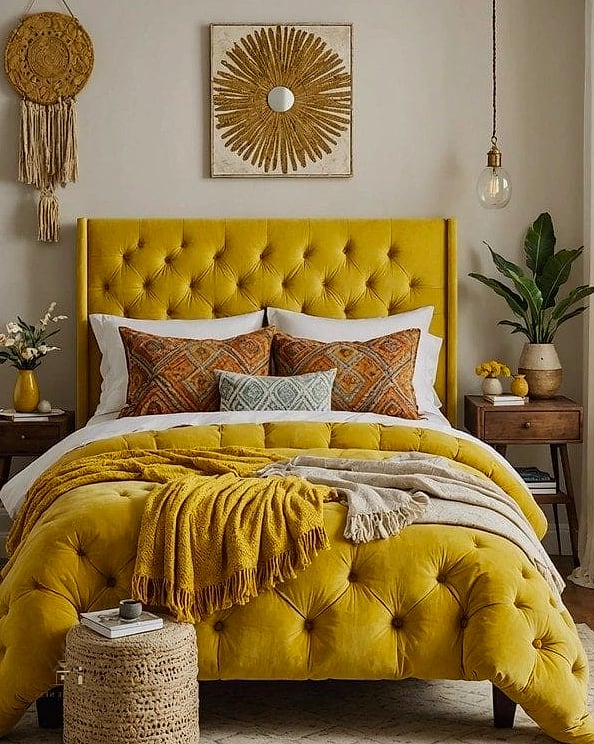 26 Beautiful Yellow Bedroom Ideas to Transform Your Space 6 Yellow Velvet Headboard