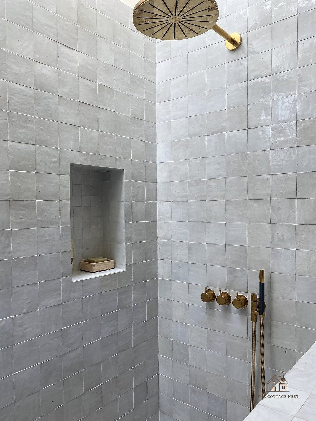 30 Dreamy Walk In Shower With Half Wall to Try This Season 6 Zellige Tile in Warm Terracotta