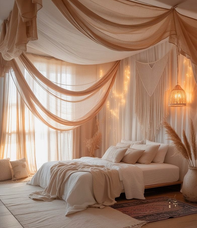 45 Dreamy Boho Bedroom Ideas That Feel Like a Retreat 26 Add a Canopy of Draped Fabric from the Ceiling
