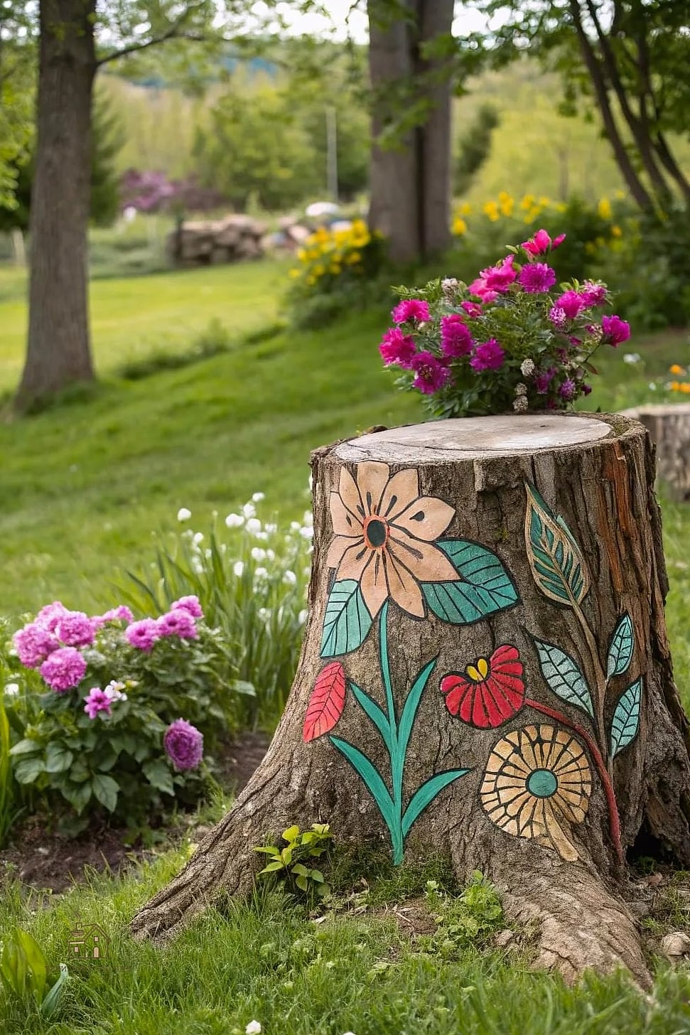 45 Creative Tree Stump Ideas Outdoor That Will Inspire You 29 Add Chalk Paint for a Colorful Accent