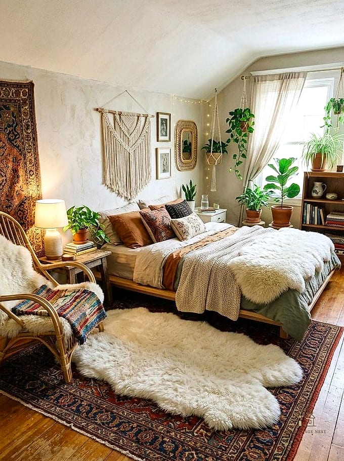 45 Dreamy Boho Bedroom Ideas That Feel Like a Retreat 47 Add a Cozy Sheepskin Throw