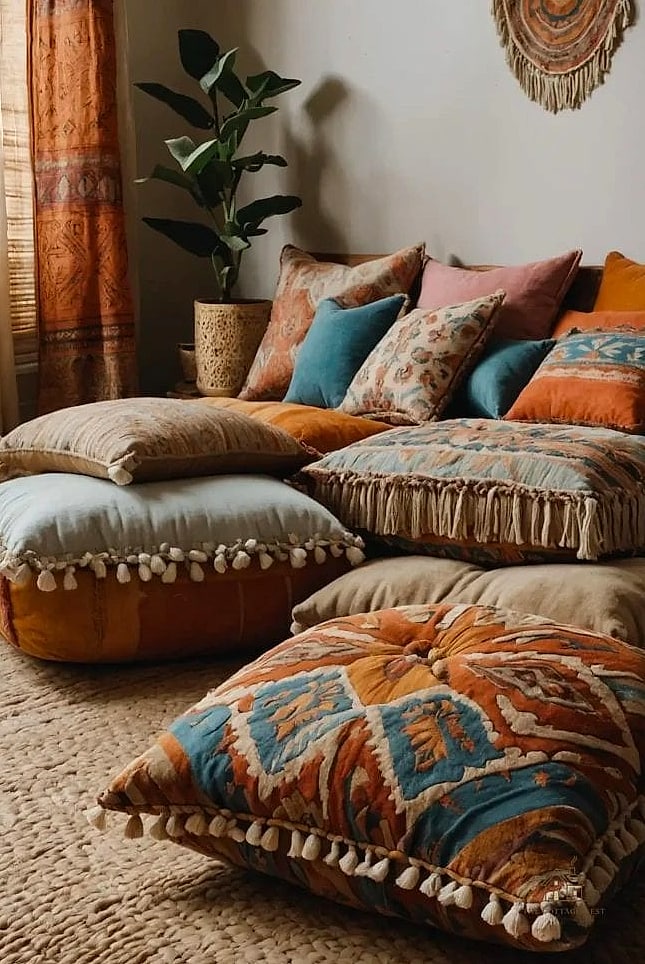 45 Dreamy Boho Bedroom Ideas That Feel Like a Retreat 9 Add Floor Cushions for Extra Seating