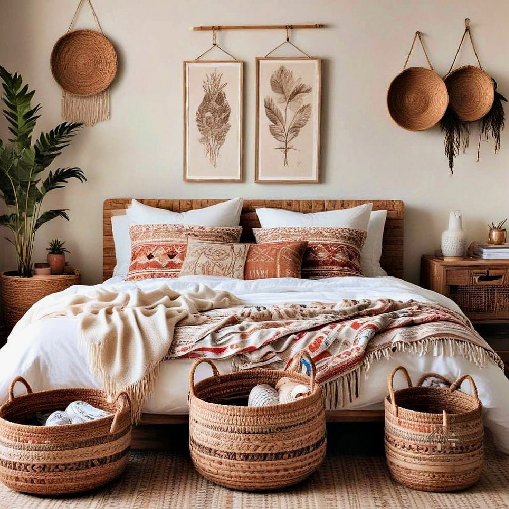 45 Dreamy Boho Bedroom Ideas That Feel Like a Retreat 38 Add Handwoven Baskets for Storage