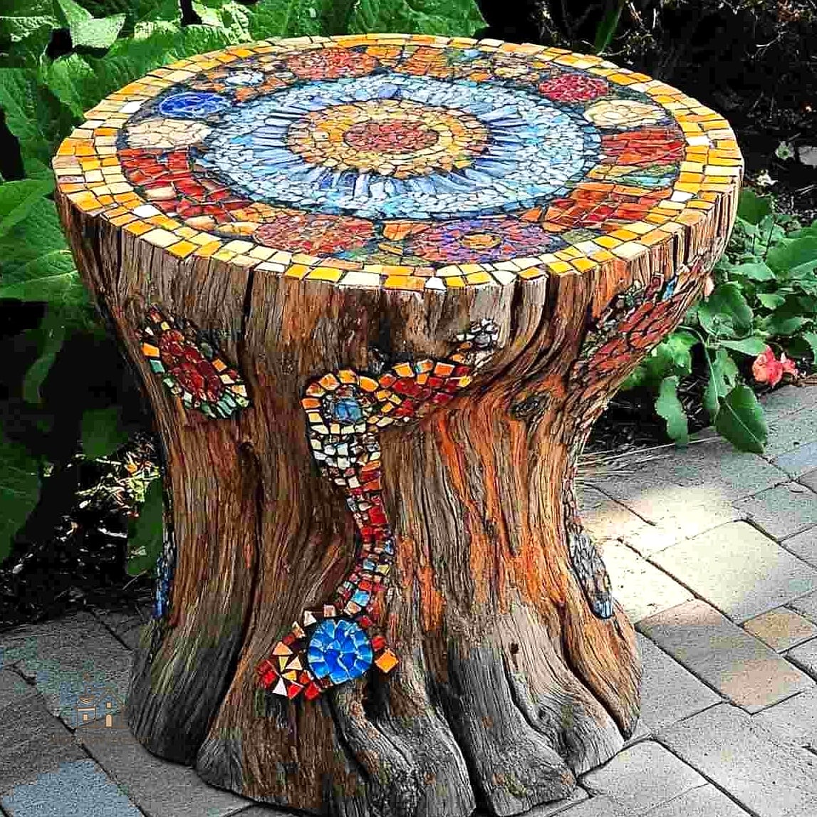 45 Creative Tree Stump Ideas Outdoor That Will Inspire You 14 Add a Mosaic Tile Top