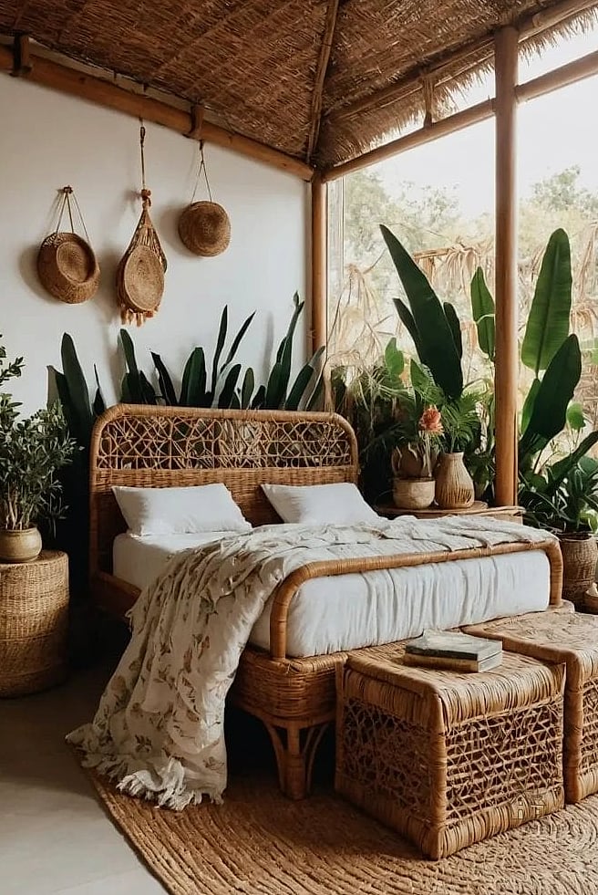 45 Dreamy Boho Bedroom Ideas That Feel Like a Retreat 6 Add a Rattan or Wicker Headboard